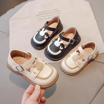 אופנה קוריאנית ילדים נעלי עור 2023 סתיו בנות חמוד ארנב רך בתחתית החלקה יחיד ילדי נעלי מזדמנים נעלי יחיד